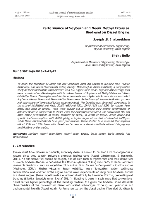(PDF) Performance of Soybean and Neem Methyl Esters as Biodiesel on ...