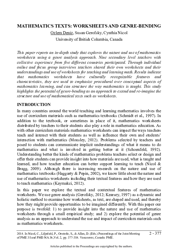 (PDF) Mathematics Texts: Worksheets and Genre-Bending