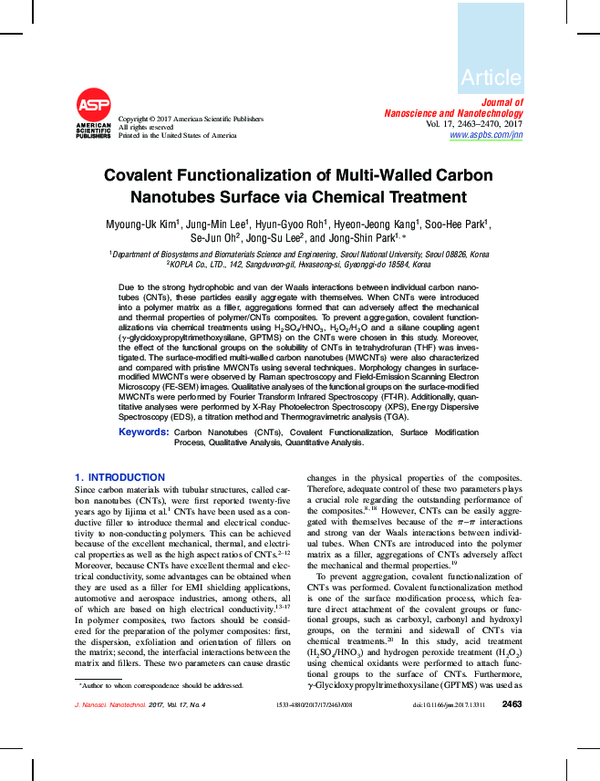 (PDF) Covalent functionalization of multi-walled carbon nanotubes with ...