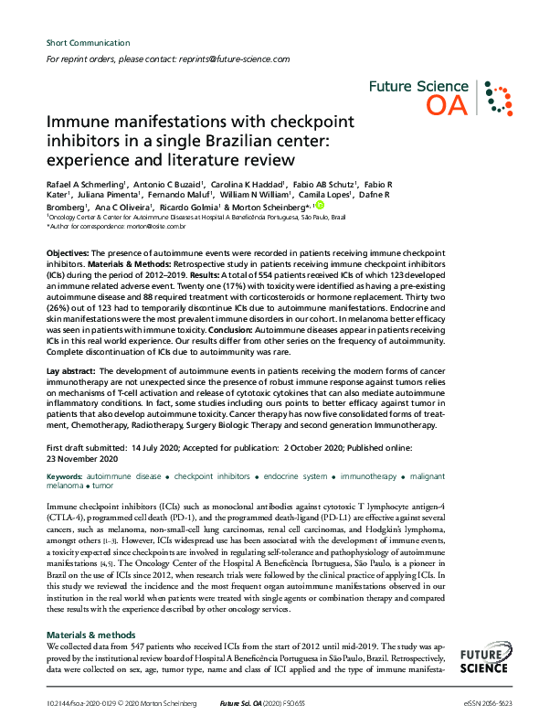 (PDF) Immune manifestations with checkpoint inhibitors in a single ...