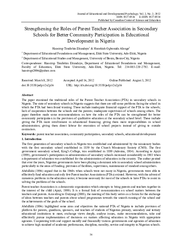 (PDF) Strengthening the Roles of Parent Teacher Association in ...