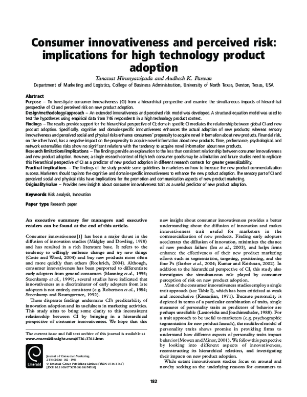 (PDF) Consumer innovativeness and perceived risk: implications for high ...