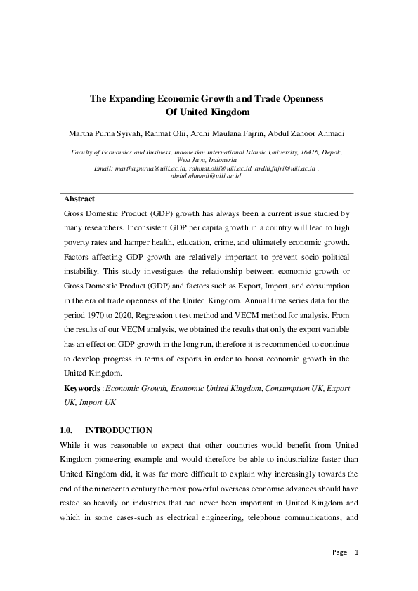 (PDF) The Expanding Economic Growth and Trade Openness Of United Kingdom