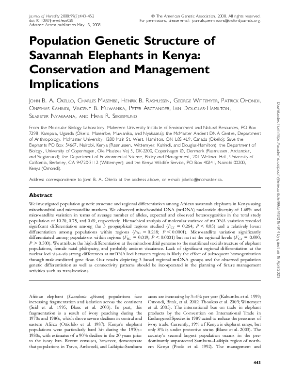 (PDF) Population Genetic Structure of Savannah Elephants in Kenya ...