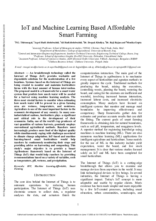 (PDF) IoT and Machine Learning Based Affordable Smart Farming
