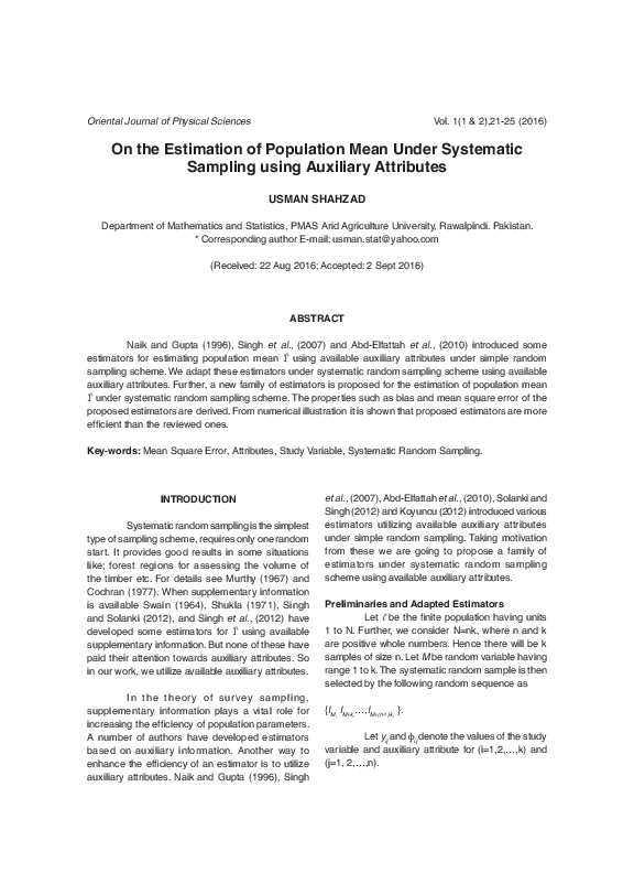 (PDF) On the Estimation of Population Mean Under Systematic Sampling ...