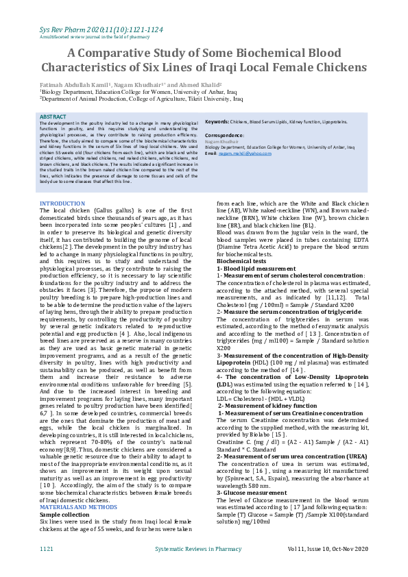 (PDF) A Comparative Study of Some Biochemical Blood Characteristics of ...