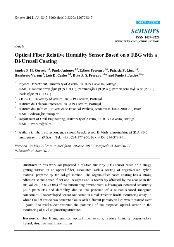 (PDF) Optical Fiber Relative Humidity Sensor Based on a FBG with a Di ...