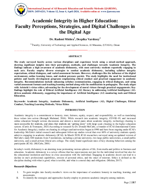 (PDF) Academic Integrity in Higher Education: Faculty Perceptions ...