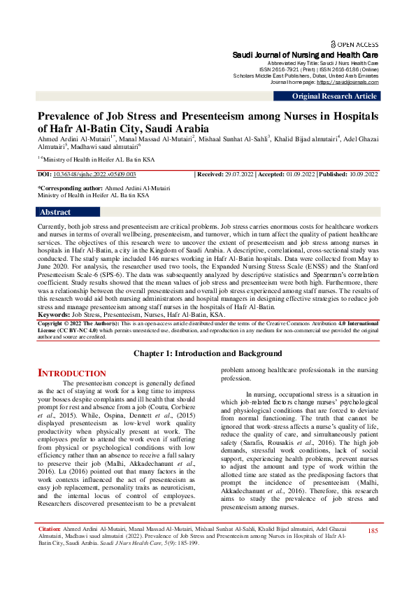 (PDF) Prevalence of Job Stress and Presenteeism among Nurses in ...