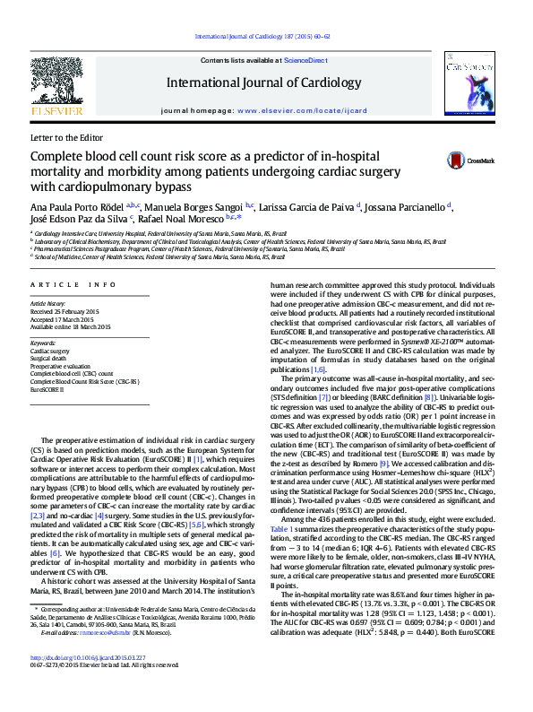 (PDF) Complete blood cell count risk score as a predictor of in ...