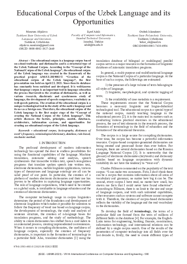 (PDF) Educational Corpus of the Uzbek Language and its Opportunities