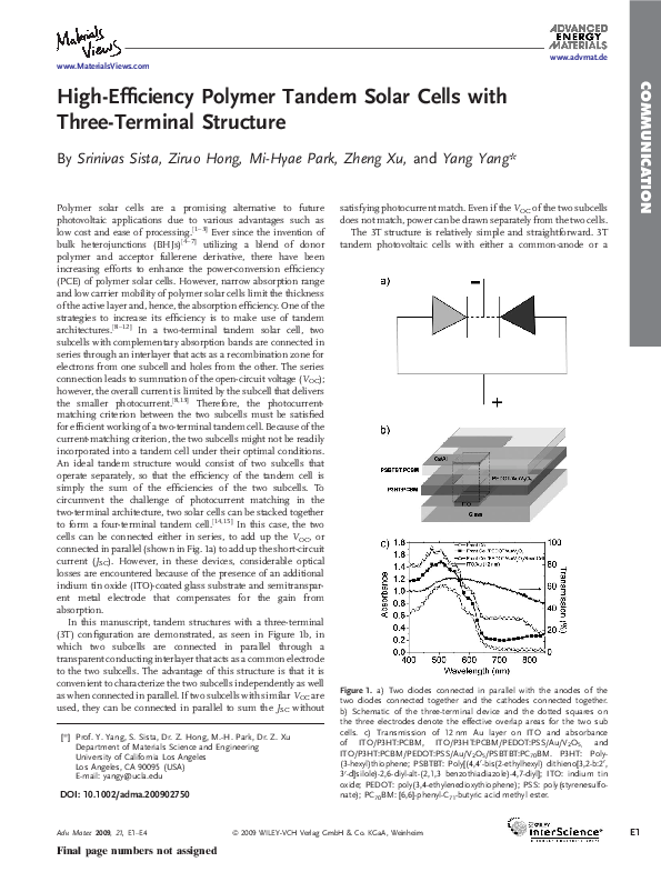 (PDF) High-Efficiency Polymer Tandem Solar Cells with Three-Terminal ...