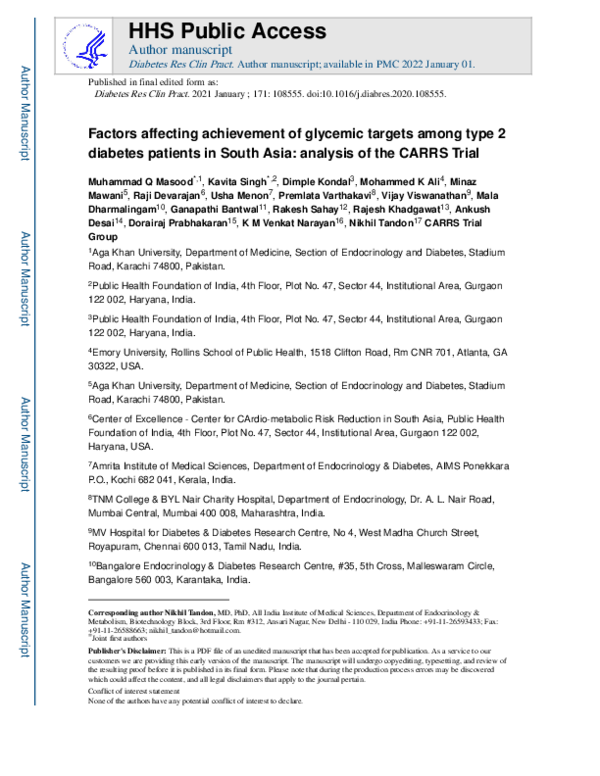 (PDF) Factors affecting achievement of glycemic targets among type 2 ...