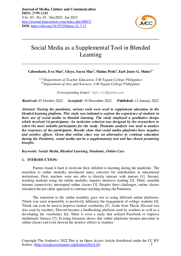 (PDF) Social Media as a Supplemental Tool in Blended Learning