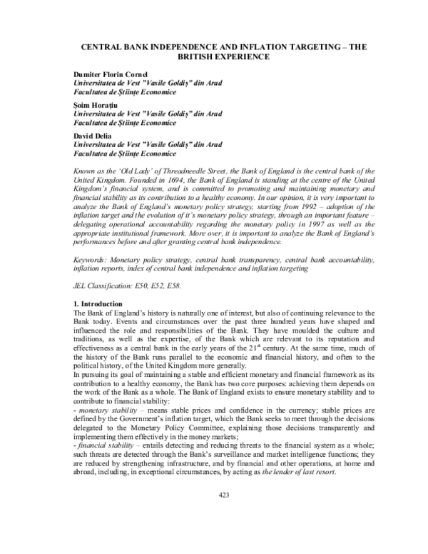 (PDF) Central Bank Independence and Inflation Targeting - the British ...
