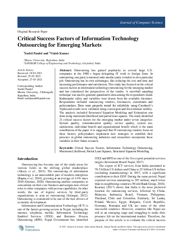 (PDF) Critical Success Factors of Information Technology Outsourcing ...