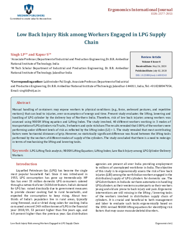 (PDF) Low Back Injury Risk among Workers Engaged in LPG Supply Chain