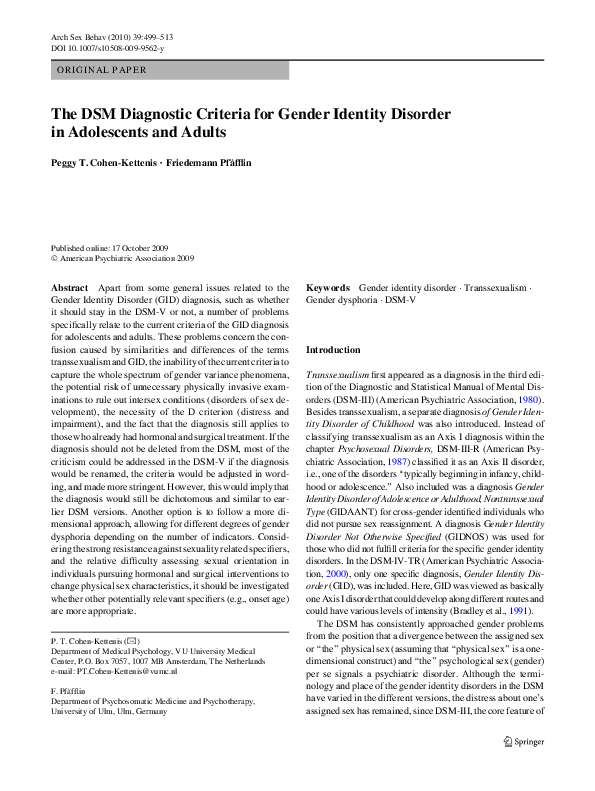 (PDF) The DSM Diagnostic Criteria for Gender Identity Disorder in ...