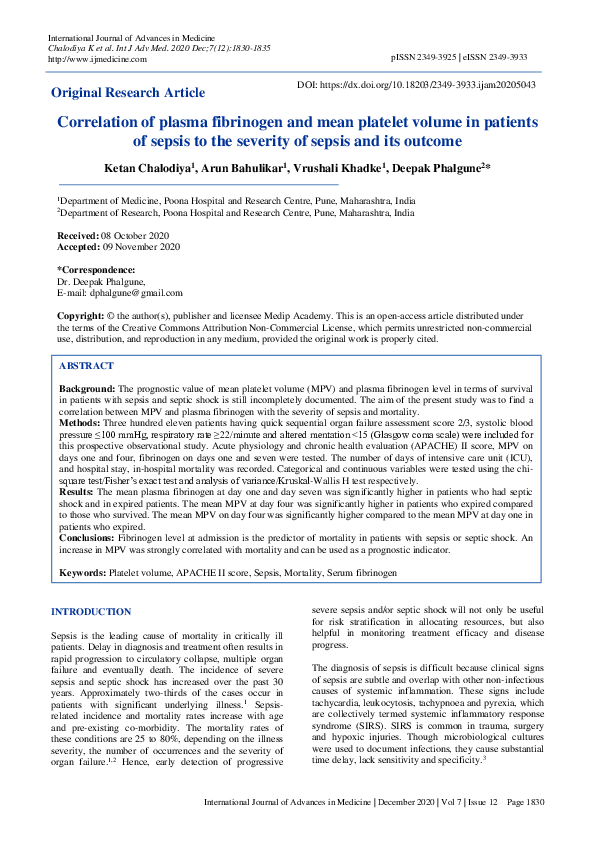 (PDF) Correlation of plasma fibrinogen and mean platelet volume in ...
