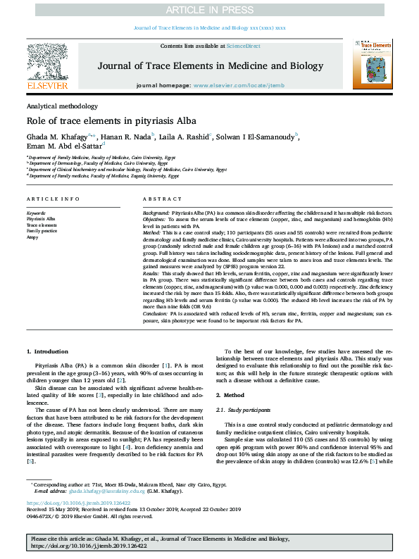 (PDF) Role of trace elements in pityriasis Alba