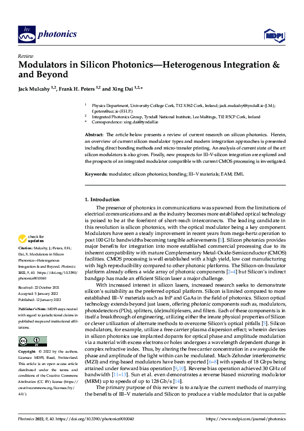 (PDF) Modulators in Silicon Photonics—Heterogenous Integration & and Beyond