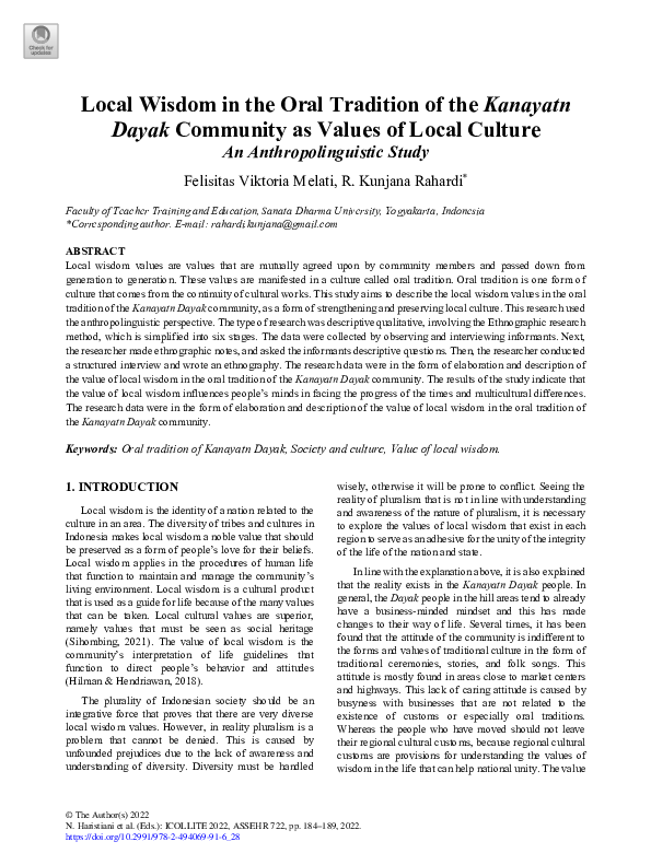 (PDF) Local Wisdom in the Oral Tradition of the Kanayatn Dayak ...