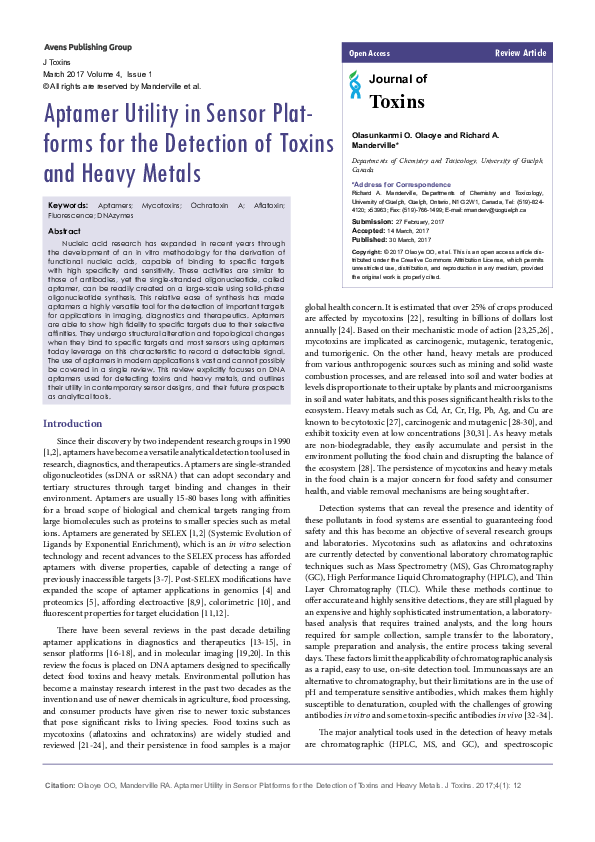 (PDF) Aptamer Utility in Sensor Platformsfor the Detection of Toxins ...