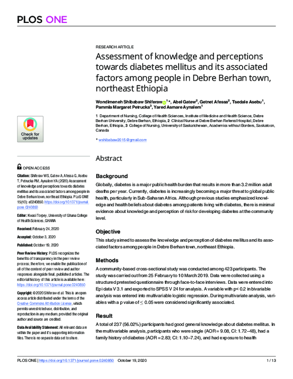 (PDF) Assessment of knowledge and perceptions towards diabetes mellitus ...