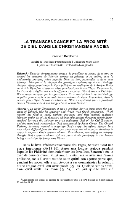 (PDF) La transcendance et la proximité de Dieu dans le christianisme ancien