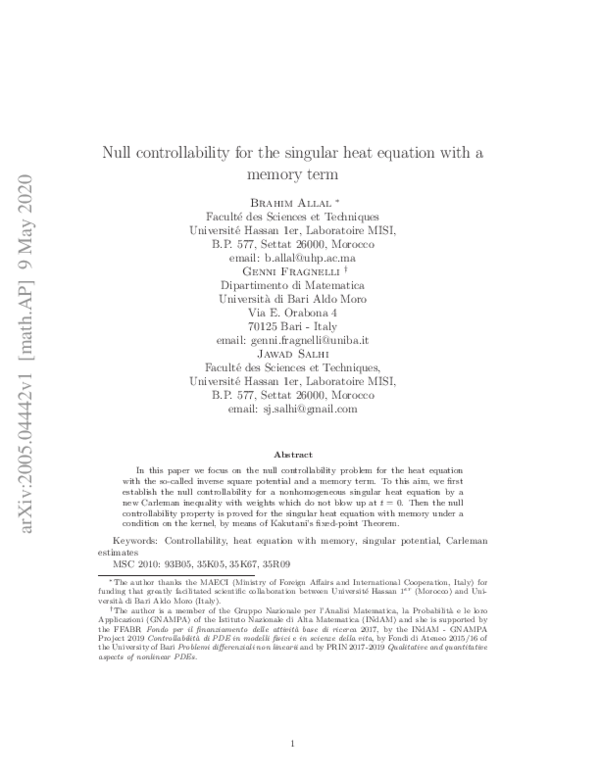 (PDF) Null controllability for the singular heat equation with a memory ...