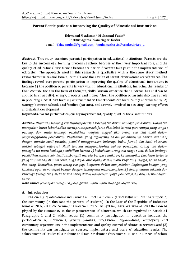(PDF) Parent Participation in Improving the Quality of Educational ...
