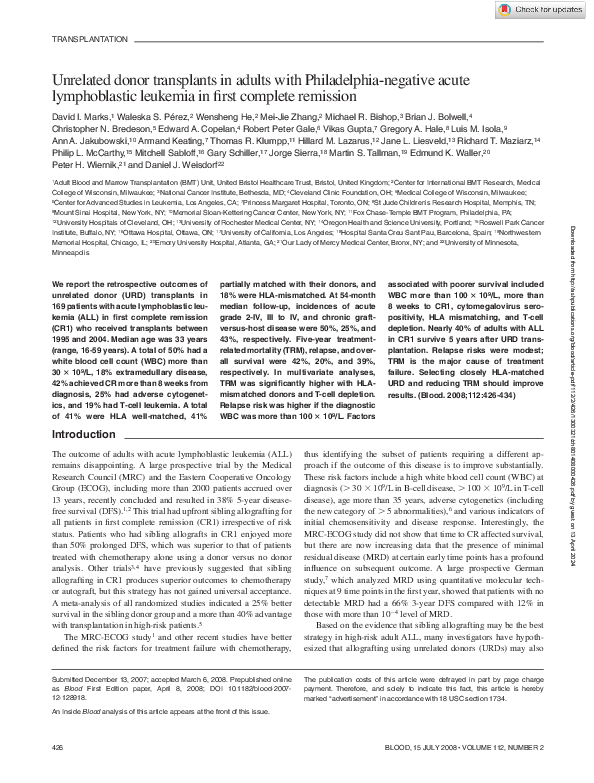 Unrelated donor transplants in adults with Philadelphia-negative acute lymphoblastic leukemia in first complete remission