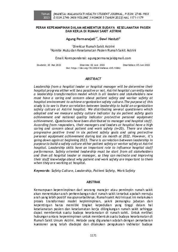 (PDF) Peran Kepemimpinan dalam Membentuk Budaya Keselamatan Pasien dan ...