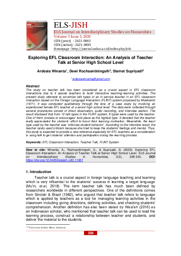 (PDF) Exploring EFL Classroom Interaction: An Analysis of Teacher Talk ...