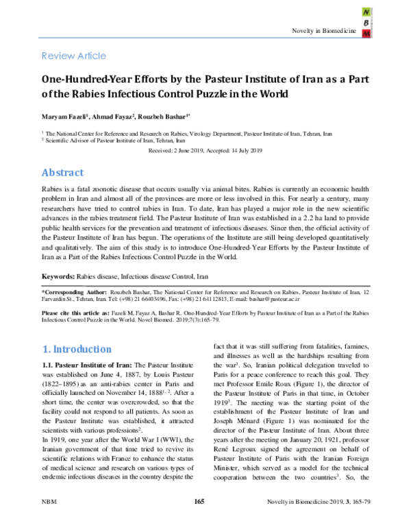 (PDF) One-Hundred-Year Efforts by the Pasteur Institute of Iran as a ...