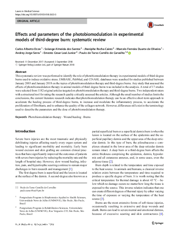 (PDF) Effects and parameters of the photobiomodulation in experimental ...