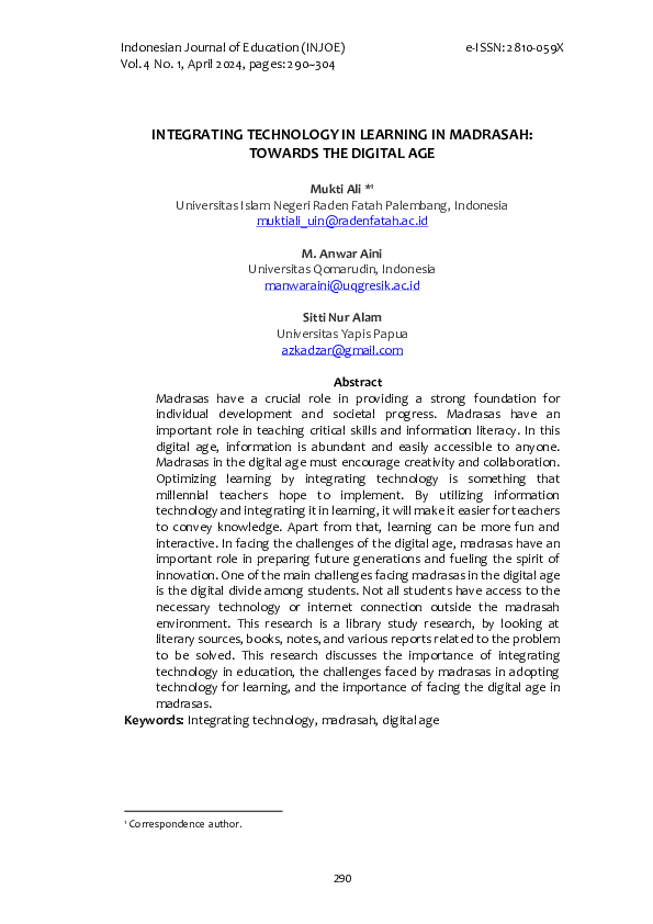 (PDF) INTEGRATING TECHNOLOGY IN LEARNING IN MADRASAH: TOWARDS THE ...