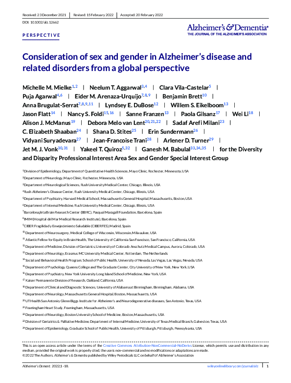(PDF) Consideration of sex and gender in Alzheimer's disease and ...