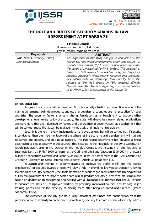 (PDF) The Role and Duties of Security Guards in Law Enforcement at PT ...