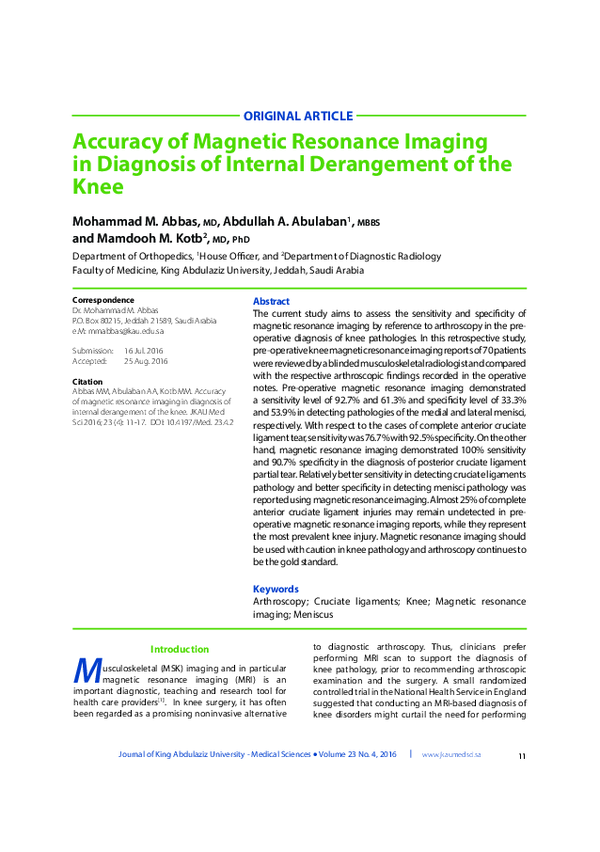 (PDF) Accuracy of Magnetic Resonance Imaging in Diagnosis of Internal ...