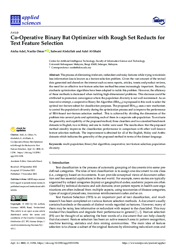 (PDF) Co-Operative Binary Bat Optimizer with Rough Set Reducts for Text ...