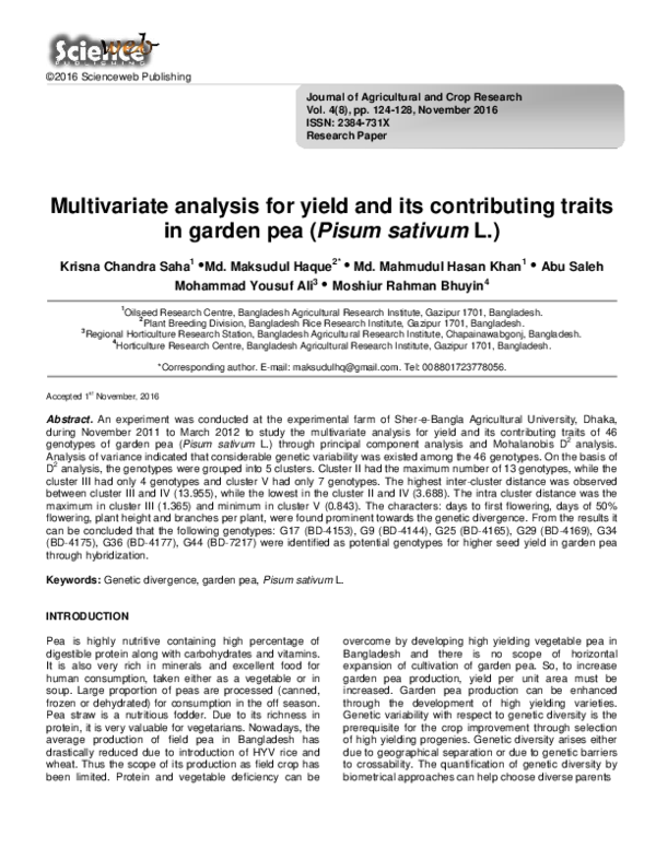 (PDF) Multivariate analysis for yield and its contributing traits in ...