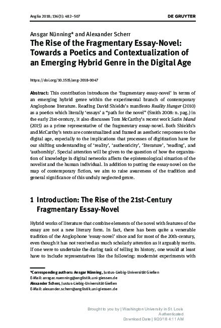 (PDF) The Rise of the Fragmentary Essay-Novel: Towards a Poetics and ...