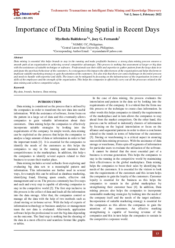 (PDF) Importance of Data Mining Spatial in Recent Days