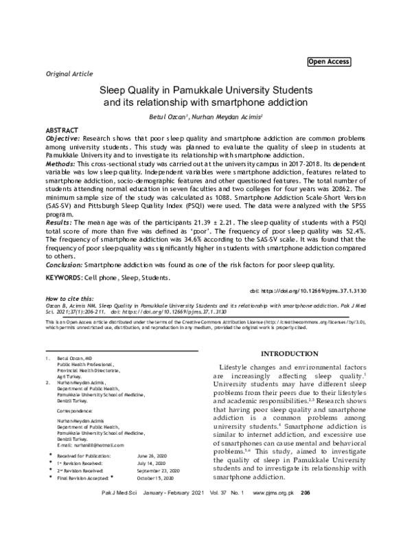 (PDF) Sleep Quality in Pamukkale University Students and its ...