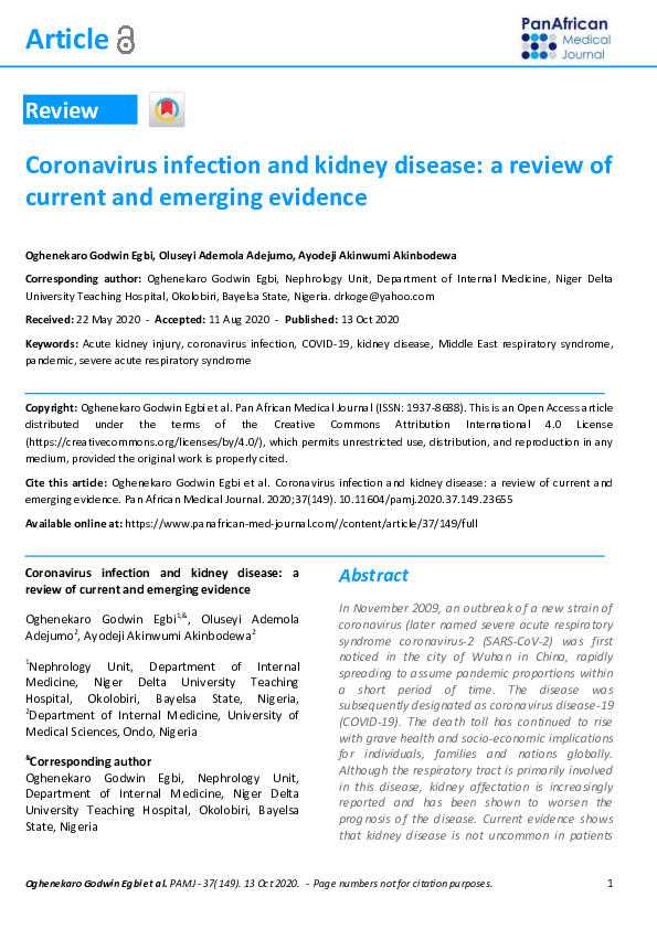 (PDF) Coronavirus infection and kidney disease: a review of current and ...