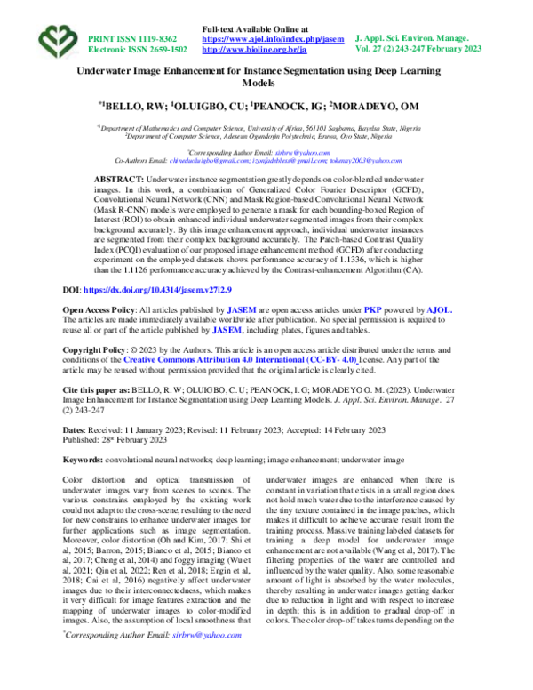 (PDF) Underwater Image Enhancement for Instance Segmentation using Deep ...