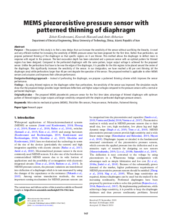(PDF) MEMS piezoresistive pressure sensor with patterned thinning of ...