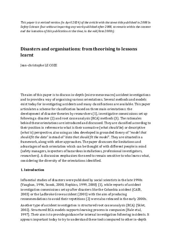 Pdf Disasters And Organisations From Theorising To Lessons Learnt